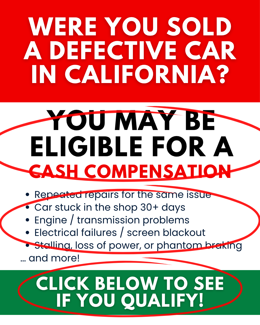 California lemon-law ad creative marked up for teardown